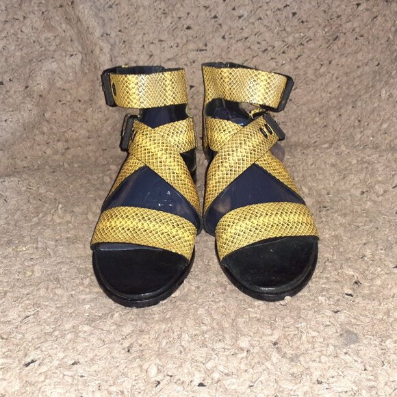 RAG & BONE-Yellow/Black Leather Python Print Sandals-Buckles-Sz 7-Near Mint - Picture 3 of 8